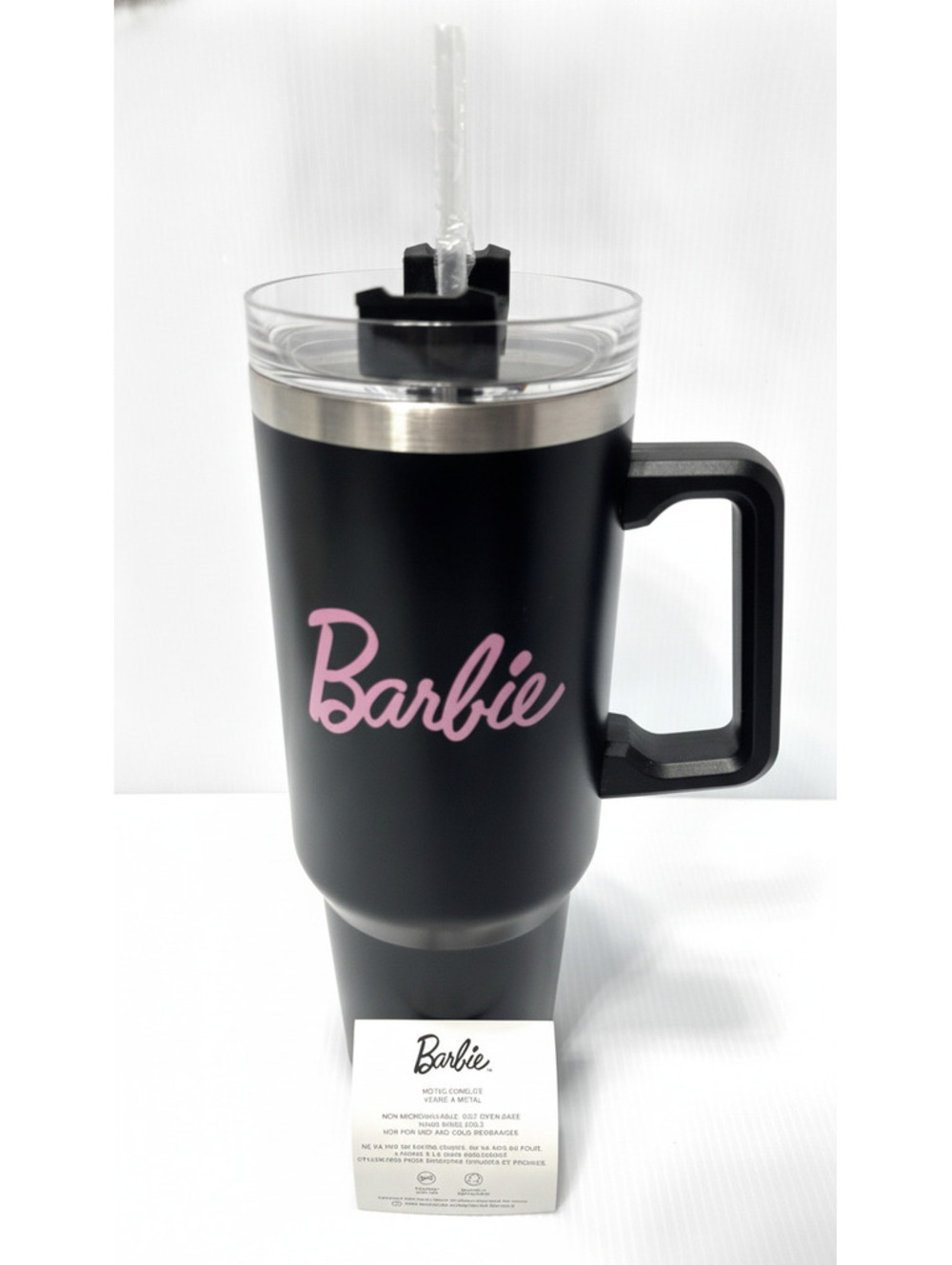 Barbie Mattel 40 oz Stainless Steel Tumbler Mug With Handle Straw Black Pink NWT